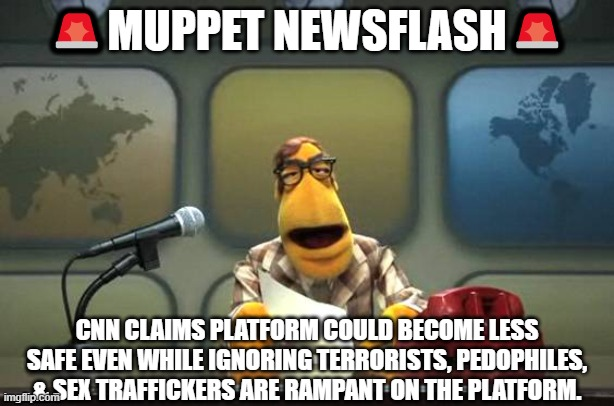 MuppetMeme's tweet photo. #FakeNews @CNN inciting fear that platform will become less safe under @elonmusk while ignoring that the platform censors right leaning voices and gives voices to the worst type of criminals in the world.
#VoteMuppet https://t.co/Pj4LgnyfEv