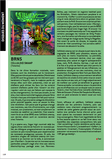 #WFENECMAG / N°50 : #CHRONIQUE p.118 de “Celluloid swamp“ (<a href="/yotankaprod/">Yotanka</a>) de <a href="/BRNSmusic/">BRNS</a> =&gt; tinyurl.com/WFenecMAG50 #rock #pop #electro #brns