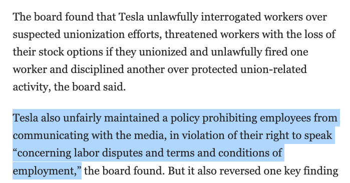 Elon Musk champions free speech, but not so much for his workers, especially ones who support a union The NLRB found that Tesla unlawfully fired & disciplined workers for pro-union activity & unlawfully prohibited workers form speaking to the news media. washingtonpost.com/technology/202…