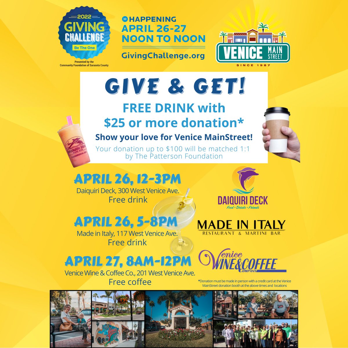 VeniceMainSt's tweet photo. The 24-hour Giving Challenge starts today, 4/26, at noon! You can donate to Venice MainStreet Inc. here:
https://t.co/E72ylLU3yh . Feeling thirsty? Visit our booth at the 3 locations and times listed to get a free drink with your donation of $25 or more! https://t.co/cDPW0OEwCU