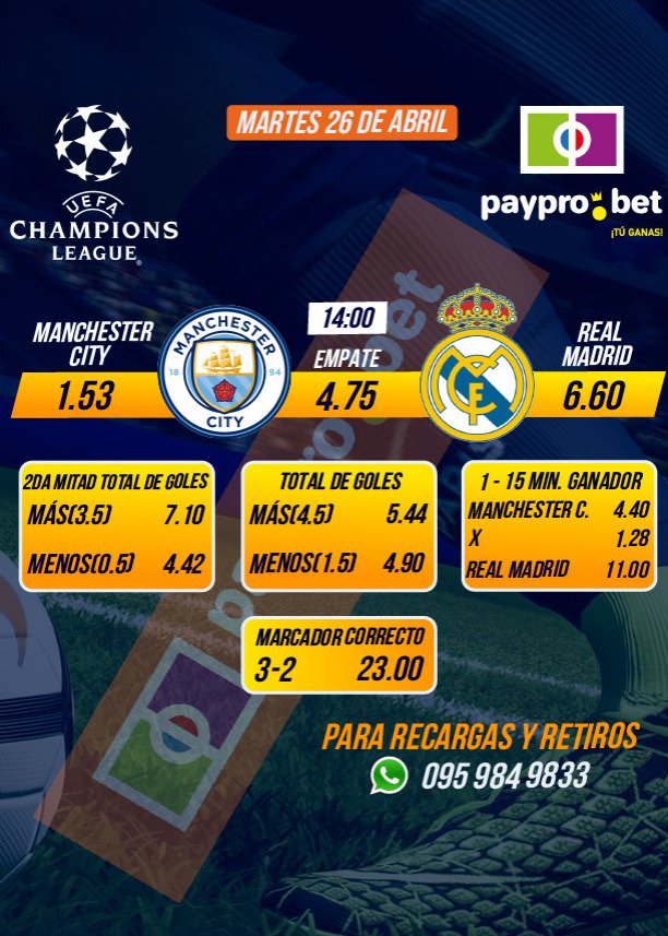 BetPaypro's tweet photo. Hoy un partidazo por la semifinal de ida en la Champions League. #PayPro #TUGANAS https://t.co/xiJ2ClfSZv