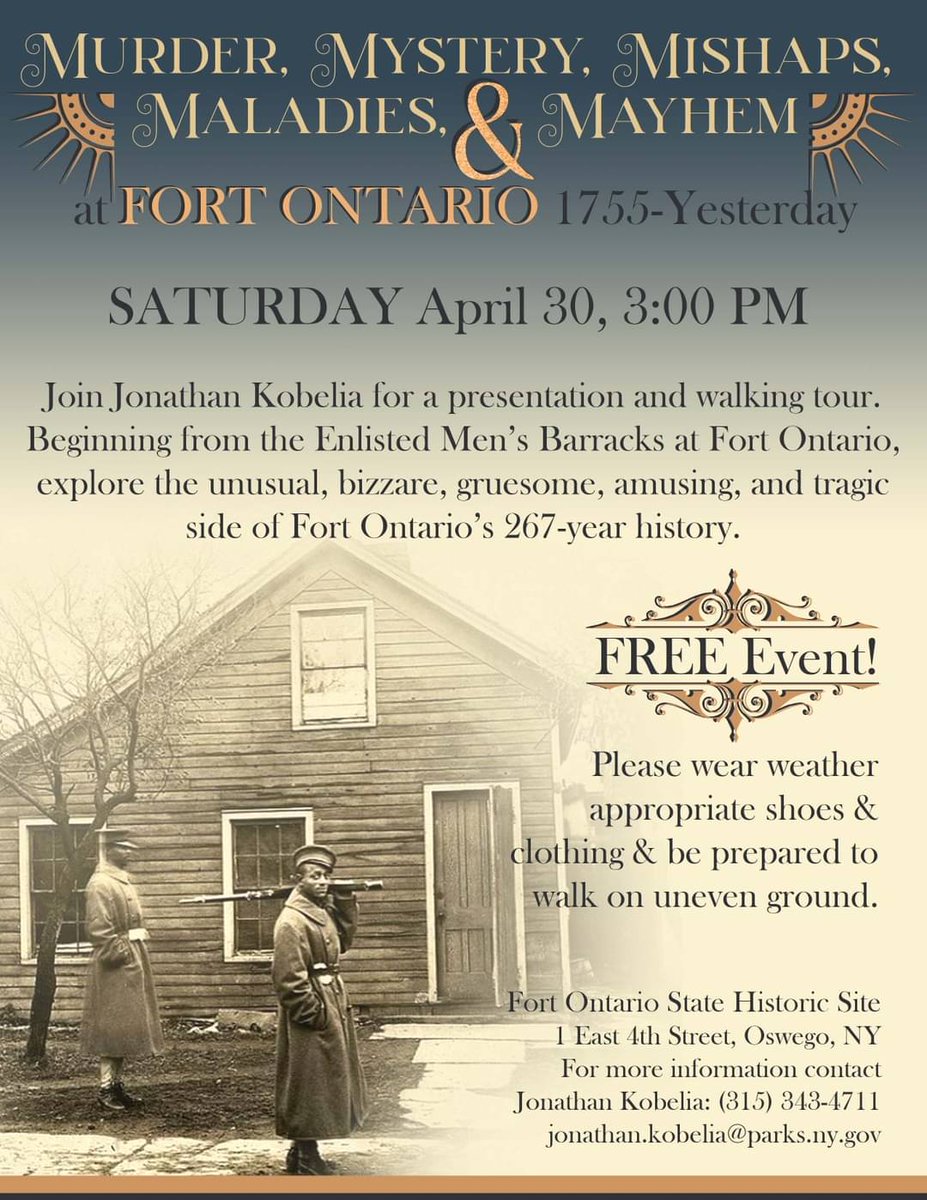 FortOntario's tweet photo. Murder, Mystery, Mishaps, Maladies, and Mayhem! In 267 years, #FortOntario has been host to many fascinating and shocking events. Learn about some with our @AmeriCorps member, Jon!

@oswamericorps #americorps #oswego #weekendevents #whattodothisweekend #freeevents #history https://t.co/7PHzgzEAGi