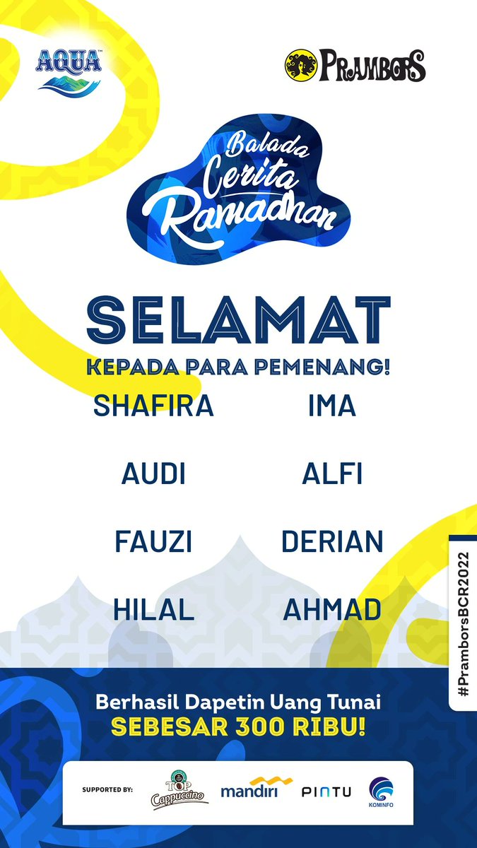 Prambors's tweet photo. Selamat buat Kawula Muda yang beruntung 🥳

@anoxvrmous @faherzaaudi
@stvvrqq @caa_hilal @juniorrimaa @alfiryn02 @derian1912
@Ahmad_ajaaaaa 
DM data diri lo berupa: NAMA-ALAMAT-NO.HP-EMAIL-NO.REKENING
Belum menang? Coba lagi besok yaaa~✨🙌🏻

#PramborsBCR2022 https://t.co/hWZff5zPV8