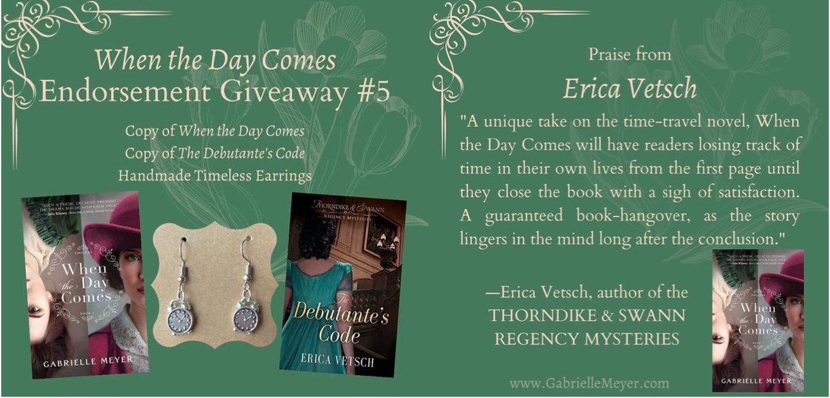 Check out this 5th awesome endorsement giveaway by author Gabrielle Meyer (<a href="/MeyerGabrielle/">Gabrielle Meyer</a>).  Her beautiful book When the Day Comes releases May 3!  What a wonderful endorsement from another amazing writer Erica Vetsch (<a href="/VetschErica/">Erica Vetsch</a>). 
Click to enter: bit.ly/3OFHx9C