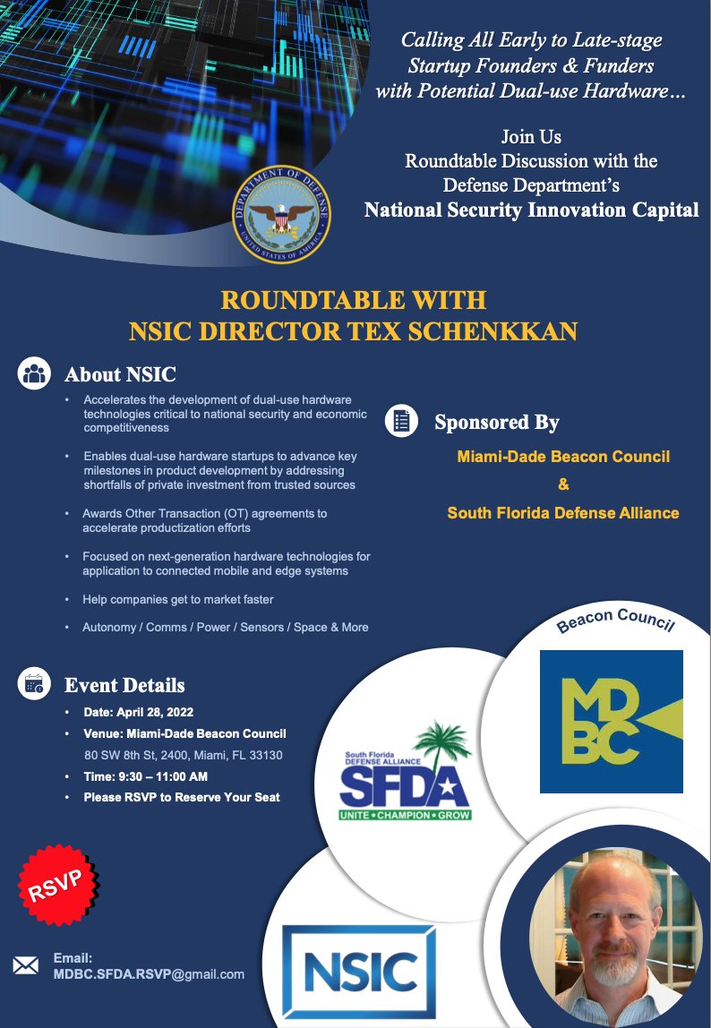 If anyone in Miami is doing cool hardware tech and ever wondered about DoD applications - go hang out with <a href="/beaconcouncil/">Miami-Dade Beacon Council</a> this Thursday

<a href="/HardTechMiami/">Hard Tech Miami</a> <a href="/davefontenot/">Dave Font</a>