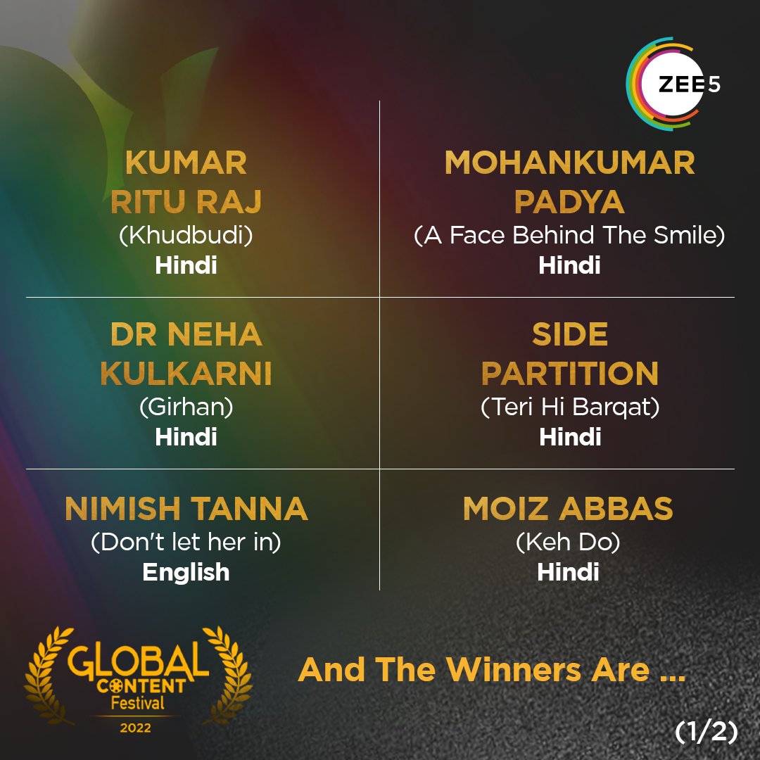 ZEE5GlobalCorp's tweet photo. It’s time! 

Presenting the winners of the ZEE5 Global Content Festival ‘22 🏆

Watch the winning entries here➡️ 
https://t.co/AyTKk8qKyU

#ZEE5GlobalContentFestival #Filmmakers #Creative #Talent #YourContentYourStage #ZEE5 https://t.co/mN6y84IUMY
