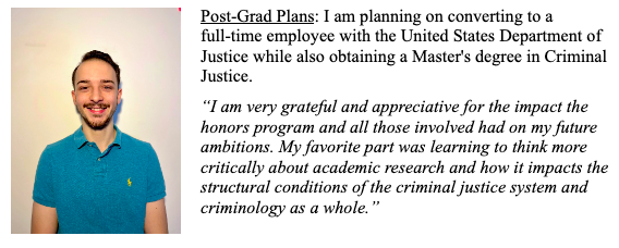 UMDCriminology's tweet image. Congratulations Logan DiStasio! Defense = Done “A New Era of Reentry: Addressing the Application of Identity Theories of Desistance to Reentry Programs for Individuals Experiencing Emerging Adulthood” @UMDCriminology #CCJSHonors #UMD2022 @BSOSUMD #undergradresearch