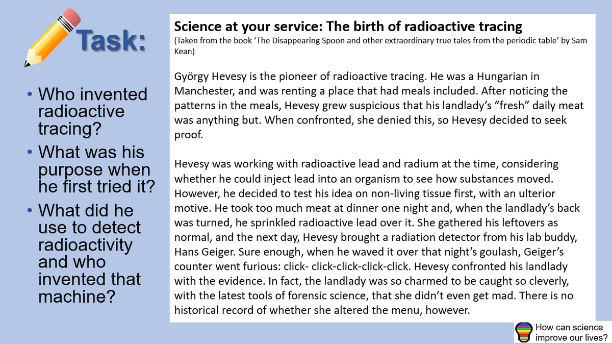 PinkPaux's tweet photo. I just included another science story from @sam_kean 's "The Disappearing Spoon" as a hinterland task in the radioactivity lessons of our SOW. I'm hoping at least some students will be inspired to buy the book. I absolutely love this one. #ReadingInSTEM @ChatPhysics https://t.co/jsz2rQz8Mp