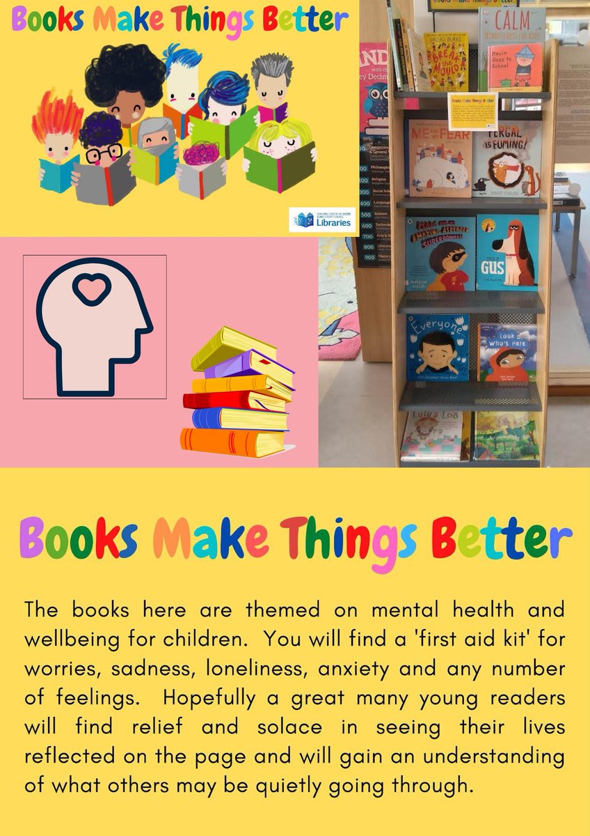 clarelibrary's tweet photo. Scariff Library has a lovely โBooks Make Things Betterโ display running at the moment. The books here are focused on mental health and wellbeing for children!
#booksmakethingsbetter #mentalhealthawareness #librarybookdisplay #scarifflibrary https://t.co/P7f8cerKy8