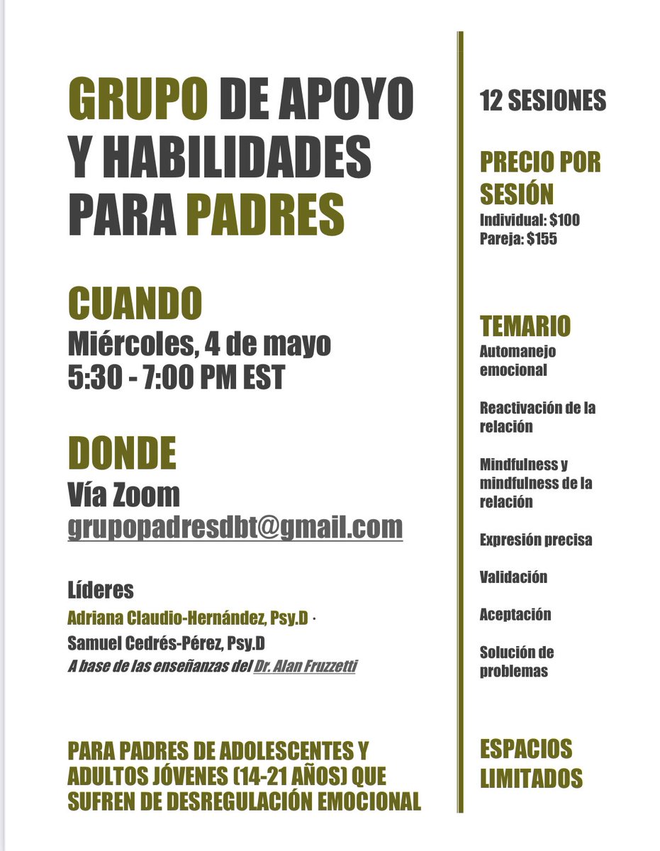 vinu_89's tweet photo. Please share this great resource for a DBT Spanish speaking parent group starting May 4th. The program was developed by the amazing Adriana, a senior clinician at McLean’s 3East DBT program, under the supervision of Alan Fruzzetti #Parentgroup #DBTinSpanish https://t.co/8tDr6lDsky