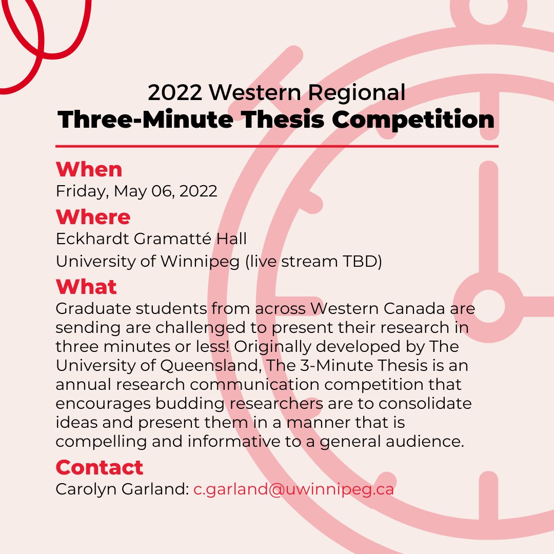 UWinnipeg Faculty of Graduate Studies (@uwgradstudies) on Twitter photo Kim Ho, a PhD candidate in Medical Sciences at <a href="/UAlberta/">University of Alberta</a> <a href="/UAlbertaFGSR/">Graduate Studies</a> , is coming to <a href="/uwinnipeg/">UWinnipeg</a> to compete in the Western Regional Three-Minute Thesis Competition!
More details on our website!
štinyurl.com/2022wr3mt
---
#uwinnipeg #3mt #wr3mt Kim Ho, a PhD candidate in Medical Sciences at <a href="/UAlberta/">University of Alberta</a> <a href="/UAlbertaFGSR/">Graduate Studies</a> , is coming to <a href="/uwinnipeg/">UWinnipeg</a> to compete in the Western Regional Three-Minute Thesis Competition!
More details on our website!
štinyurl.com/2022wr3mt
---
#uwinnipeg #3mt #wr3mt