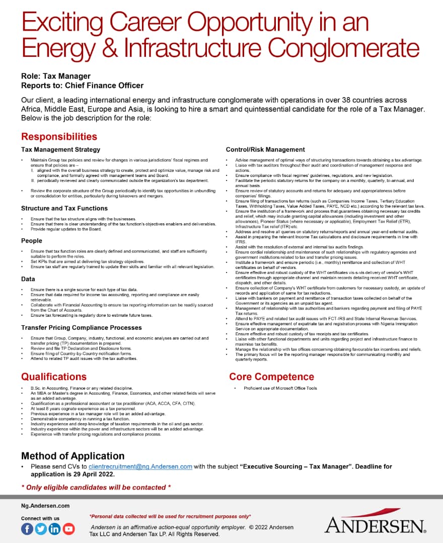 Our client, a leading international energy and infrastructure conglomerate with operations in over 38 countries across Africa, Middle East, Europe and Asia, is looking to hire a smart and quintessential candidate for the role of a Tax Manager. 

Please see attached flyer.