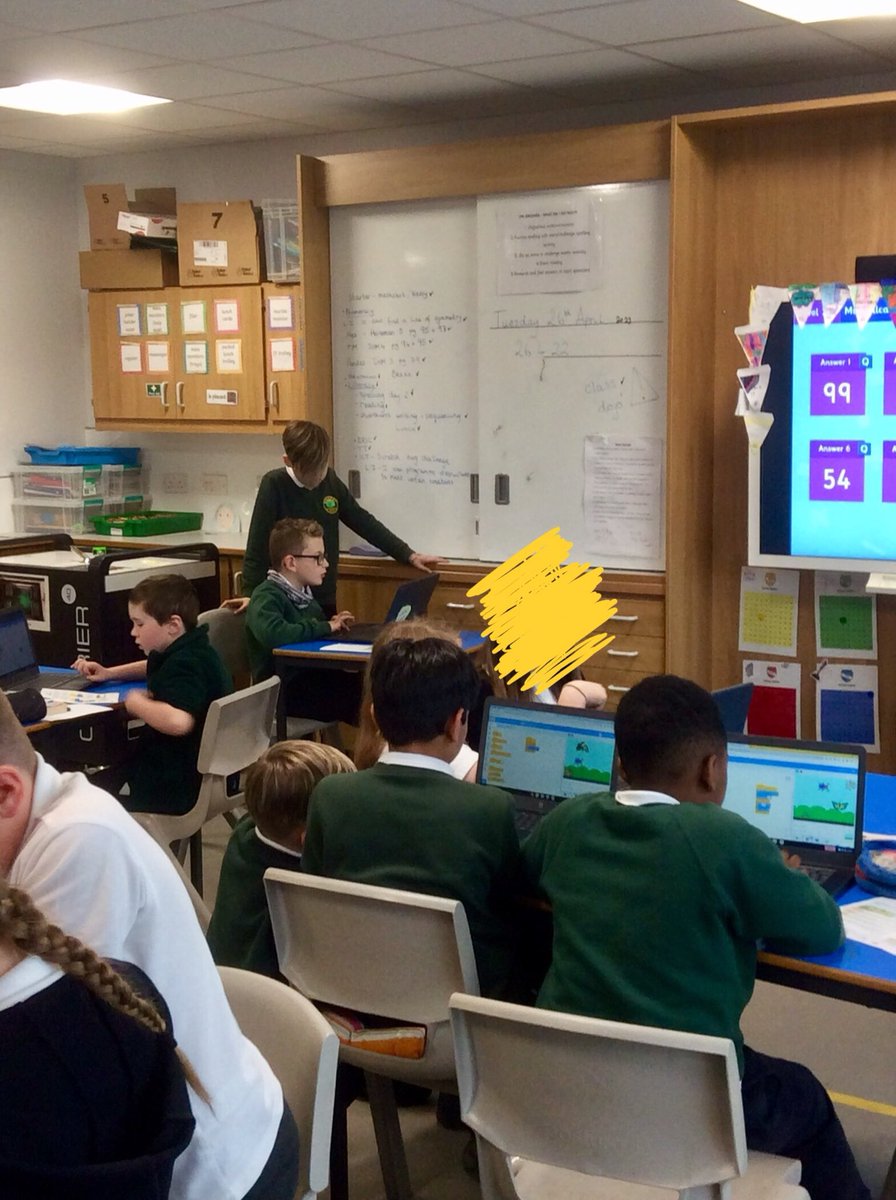 MrsTeillard's tweet photo. Lots of great team work and peer teaching going on in our Scratch lesson! Next week we’ll try to put the skills we’ve learned into practice by creating our own games! @Greenbraeschool https://t.co/l1FPUP4tO9