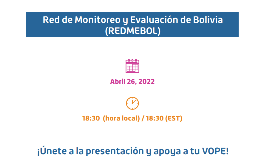 IOCE_eval's tweet photo. 🔰En vivo ahora: Red de Monitoreo y Evaluación de Bolivia (#REDMEBOL) Presentación del Portafolio de Proyectos del #VOPEBootCamp
Ver en vivo: https://t.co/jFILIXYIEt
Descarga el programa completo y regístrate al evento de tu elección: https://t.co/Vo5fN4SbLa
@ScarlethFloresB https://t.co/frtwyzXLAN