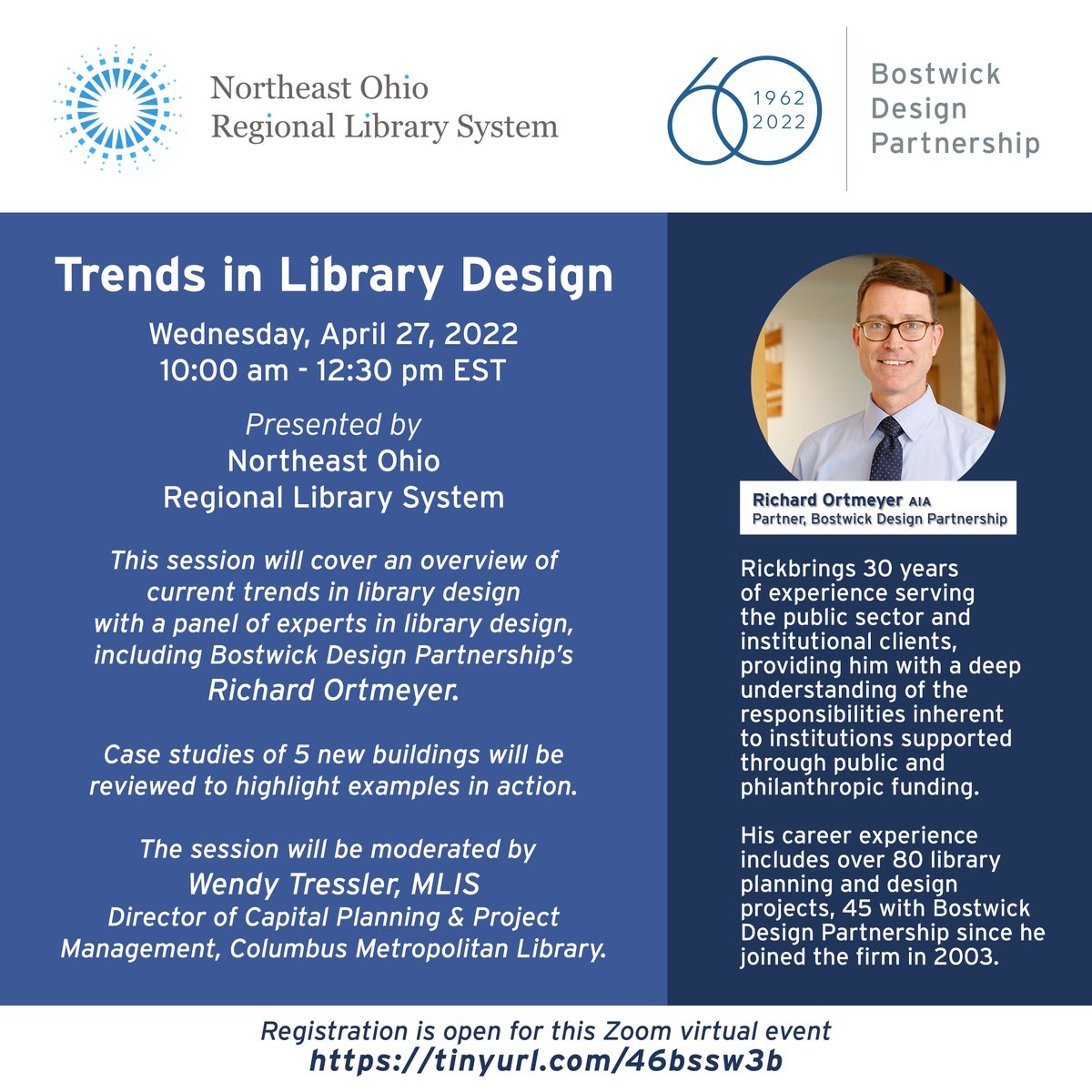 Curious about what's new in library design? Rick Ortmeyer will be discussing "Trends in Library Design" on a panel of experts during this Northeast Ohio Regional Library System virtual event. Sign up now!  tinyurl.com/46bssw3b
