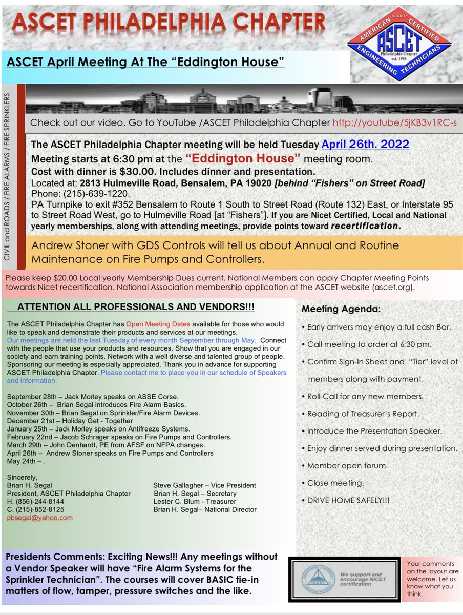 ASCET Philadelphia has its local meeting TONIGHT! Come out and join them! 

#oneteamonedream #ascet #professionaldevelopment #civilengineering #fireprotection #firesafety #npo