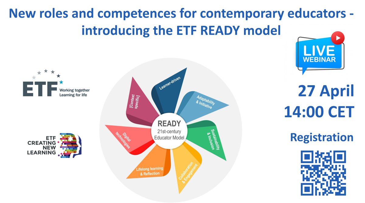 Join us tomorrow, 27 April at 14.00 CET, for our ETF webinar on 'New roles and competences for contemporary #educators', where we will present the READY Model. Register at tree.zoom.us/meeting/regist….  
#etfnewlearning #teachinginnovation
