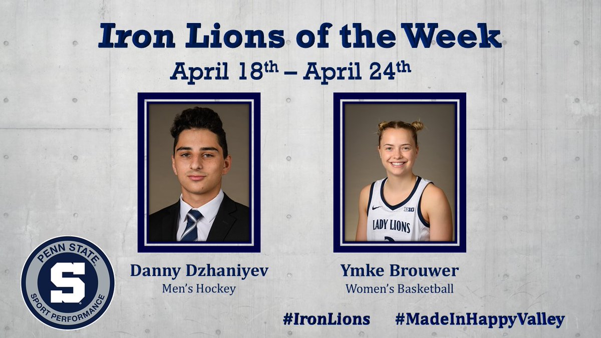 PSUPerformance's tweet photo. For our final #IronLions award of the 2022 Spring semester, we would like to congratulate Danny Dzhaniyev from @PennStateMHKY and Ymke Brouwer from @PennStateWBB Way to WORK!! #MadeInHappyValley https://t.co/YSVKx3WKDZ