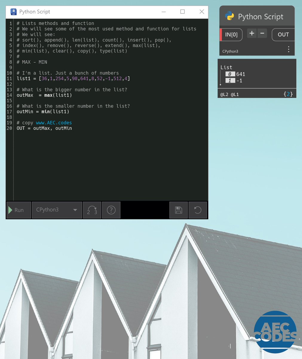 AecCodes's tweet photo. Today two more functions for lists.
min() - max()
.
.
more info: https://t.co/WLgUbMXoqg
.
#bim #revit #dynamo #python #architecture https://t.co/I6Y01VRHaB