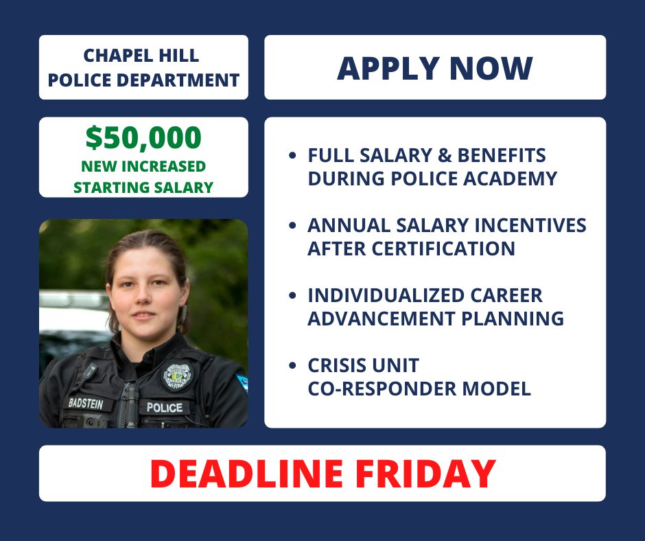 🚨 The deadline to apply for our next police academy is FRIDAY! You still have time! The starting salary is $5️⃣0️⃣,0️⃣0️⃣0️⃣ and cadets are paid w/ benefits during the academy.

APPLY NOW: governmentjobs.com/careers/chapel…

#Hiring #Jobs #NCBLET #communitypolicing @30x30initiative #30x30pledge