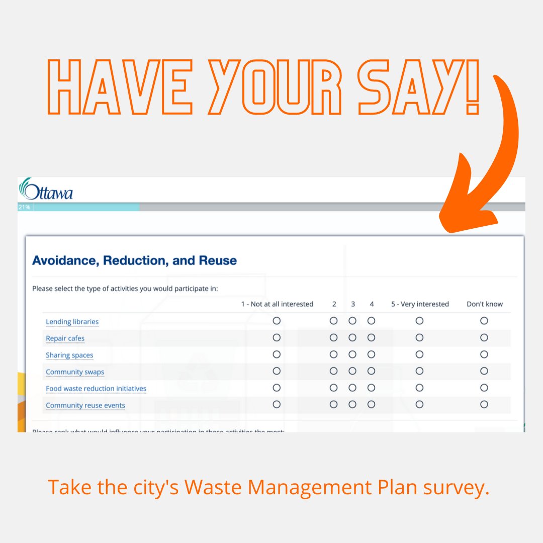 Want to see more Repair Café's, lending libraries, sharing spaces? This is our time to tell the City! 

Take 5 minutes to fill in their survey regarding the Waste Management Plan:

surveys.hkperspectives.com/s3/218c9b5c276…

@OttawaOGL <a href="/EcoEquitable/">EcoEquitable Inc.</a> @recyclesottawa @CycleSalvation