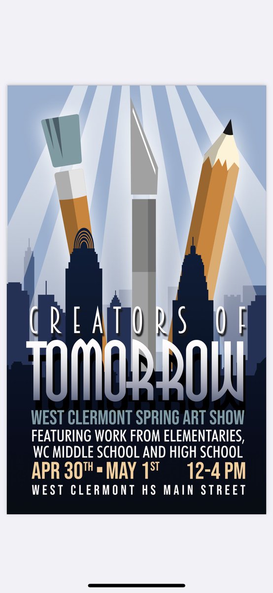 The West Clermont Spring Art Show is this weekend! 
April 30th and May 1st 
12-4pm at West Clermont HS
Come see some AMAZING art work from elementary, middle , and high school students 👏👏
<a href="/WestCler/">West Clermont Schools</a> @WCHS_AP <a href="/PtsoWchs/">WCHS PTSO</a> <a href="/WCMS_Wolves/">West Clermont MS</a>