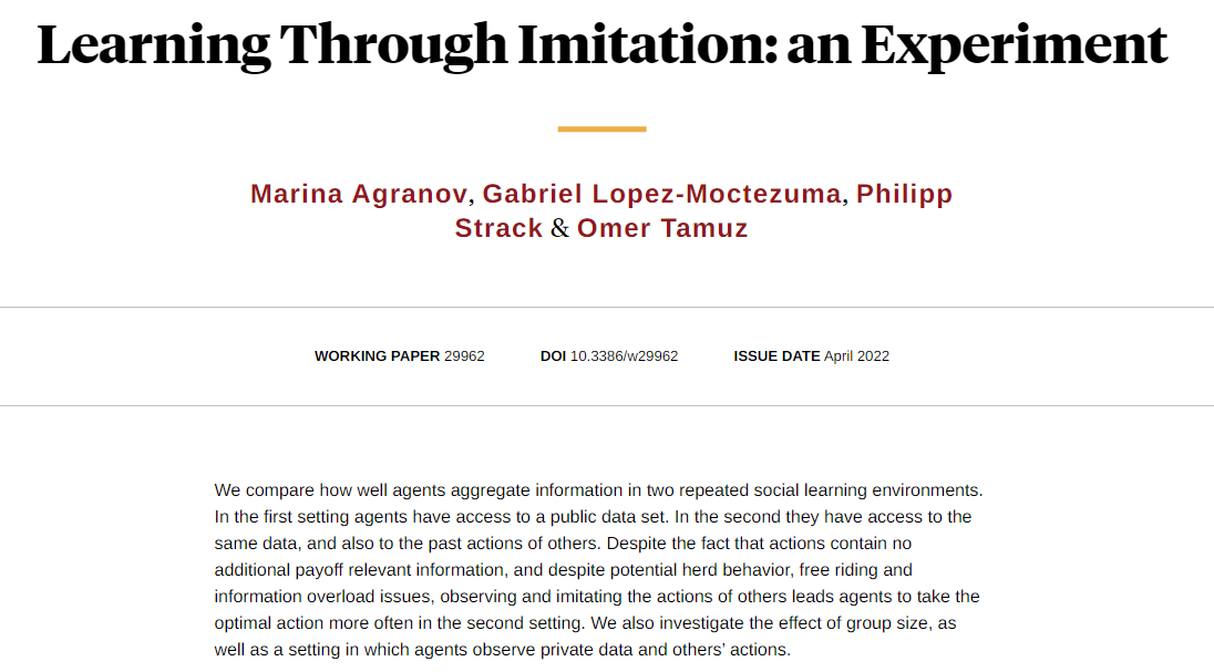 Subjects who observe a public stream of information regarding a state they have to repeatedly guess do better when they can observe others’ guesses, from Marina Agranov, Gabriel Lopez-Moctezuma, Philipp Strack, and Omer Tamuz nber.org/papers/w29962