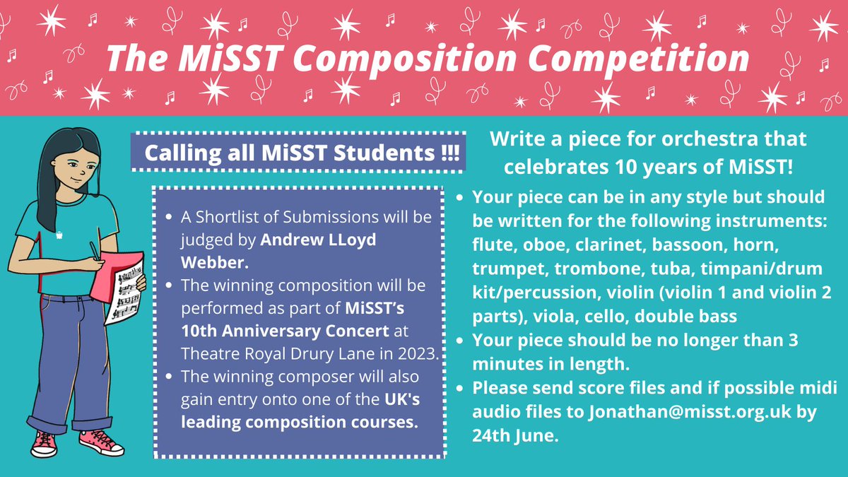 We are so excited to announce the MiSST Composition Competition! A fantastic opportunity for our students to have their compositions judged by @OfficialALW. The winning piece will be performed at MiSST's 10th Anniversary Concert! Watch this space!! #opportunity #composition
