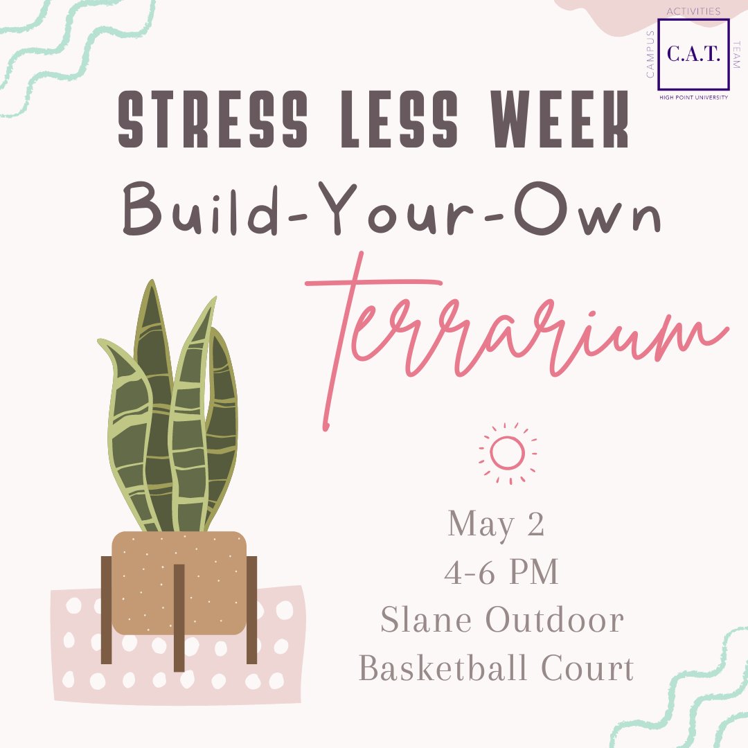 HPUCAT's tweet photo. 🥳Celebrate Stress Less Week with us!🧘🏻 Make Your Own Terrarium at our event!🪴🍃
•
🗓 May 2 @ 4-6 PM
•
📍Slane Outdoor Basketball Court https://t.co/Bv8diRB2Y5