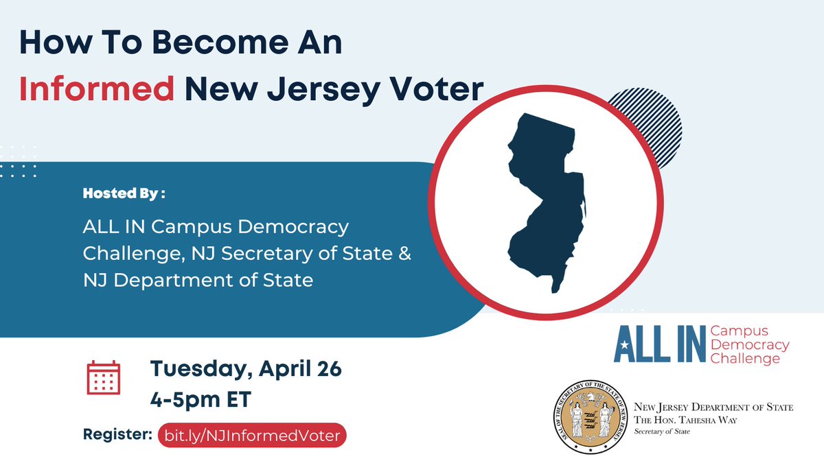 Are you or do you know a high schooler interested in civic engagement? 

High schoolers are invited to join the @NJStateDept  and @allintovote today at 4pm, to learn more about how to be an informed and active voter in New Jersey! 

#NJStudentsVote

bit.ly/3OxVlTp