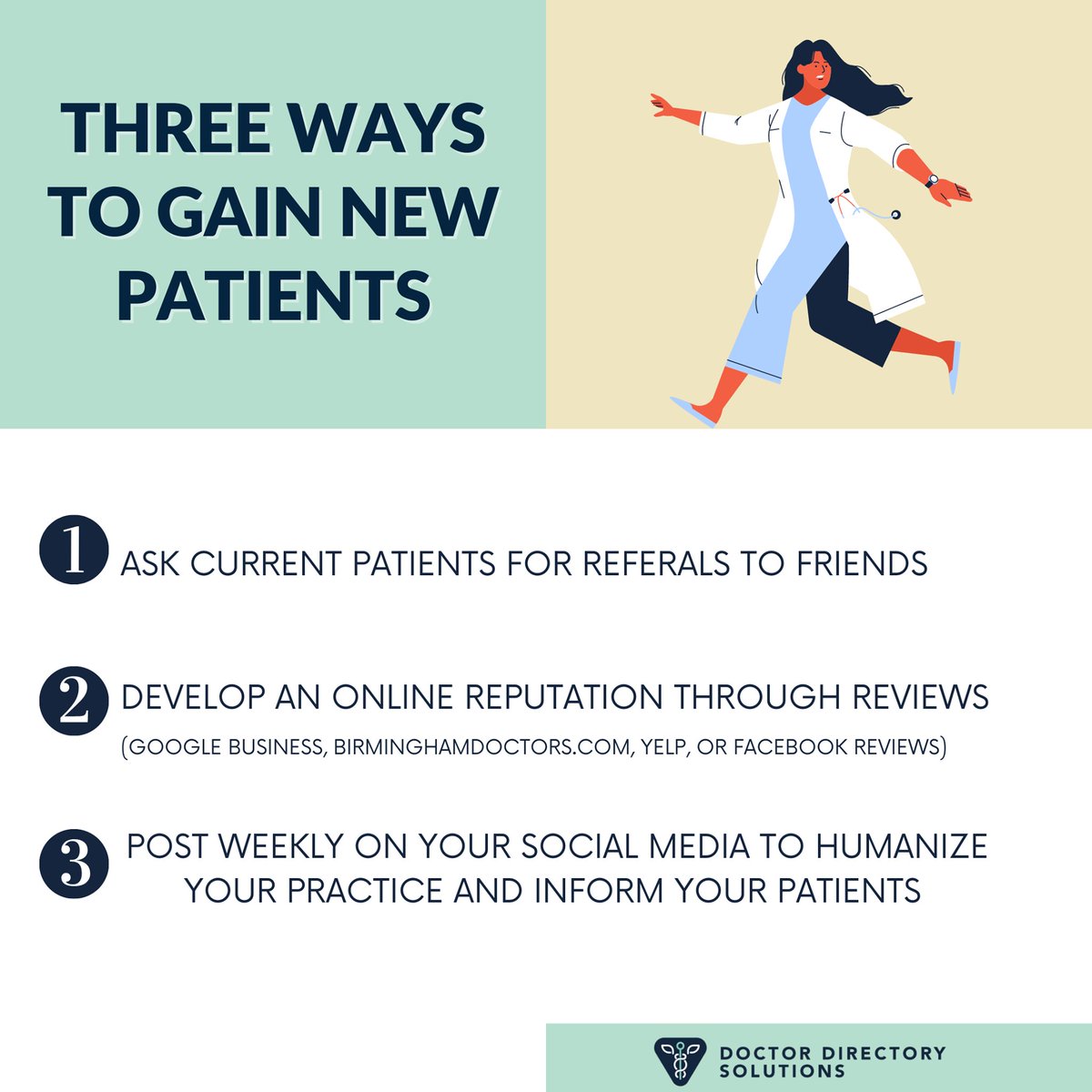DoctorDirect_'s tweet image. Want to increase the number of new patients? Here are 3 easy steps to getting new patients! 
P.S. If you just don’t have enough time for #2 and #3, we got you covered. 

#Doctordirectorysolutions #doctor #healthcaremarketing  #physicans #doctors