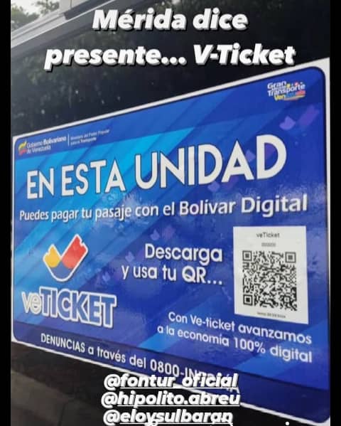 fonmetranspor's tweet photo. Merida dice presente al Sistema VE-TICKETpara  pagar tu pasaje con el Bolivar Digital, descarga y usa tu QR. @NicolasMaduro  @FonturOficialve    @HAbreuMRT @ELOYSULBARAN https://t.co/fWSyJOLBPC