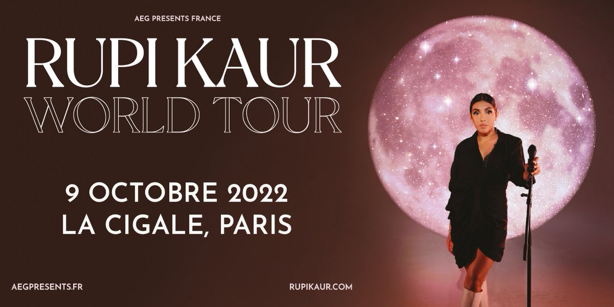 Saluée comme ‘Auteure de la Décennie’ par The New Republic, <a href="/rupikaur_/">rupi kaur</a> entame une tournée mondiale qui passera pour la première fois en France, le 9 octobre 2022 à La Cigale à Paris !🖤

🎟Mise en vente générale le 29 avril à 10h.
Lien billetterie : bit.ly/RupiKaur-AEG
