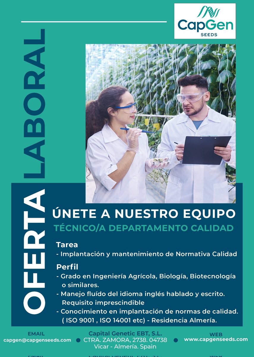 CapgenSeeds's tweet photo. ¡Oportunidad #laboral! 🙌📣

Necesitamos ampliar nuestro #equipo y buscamos un técnico/a para el departamento de calidad. 👩‍🔬👨‍🔬

¡Haz parte de nuestro equipo! 👨‍🔬👩‍🔬

Puedes inscribirte en el siguiente enlace: https://t.co/osuB9UMd0c

Gracias😊😊 https://t.co/itjA9EPrgh