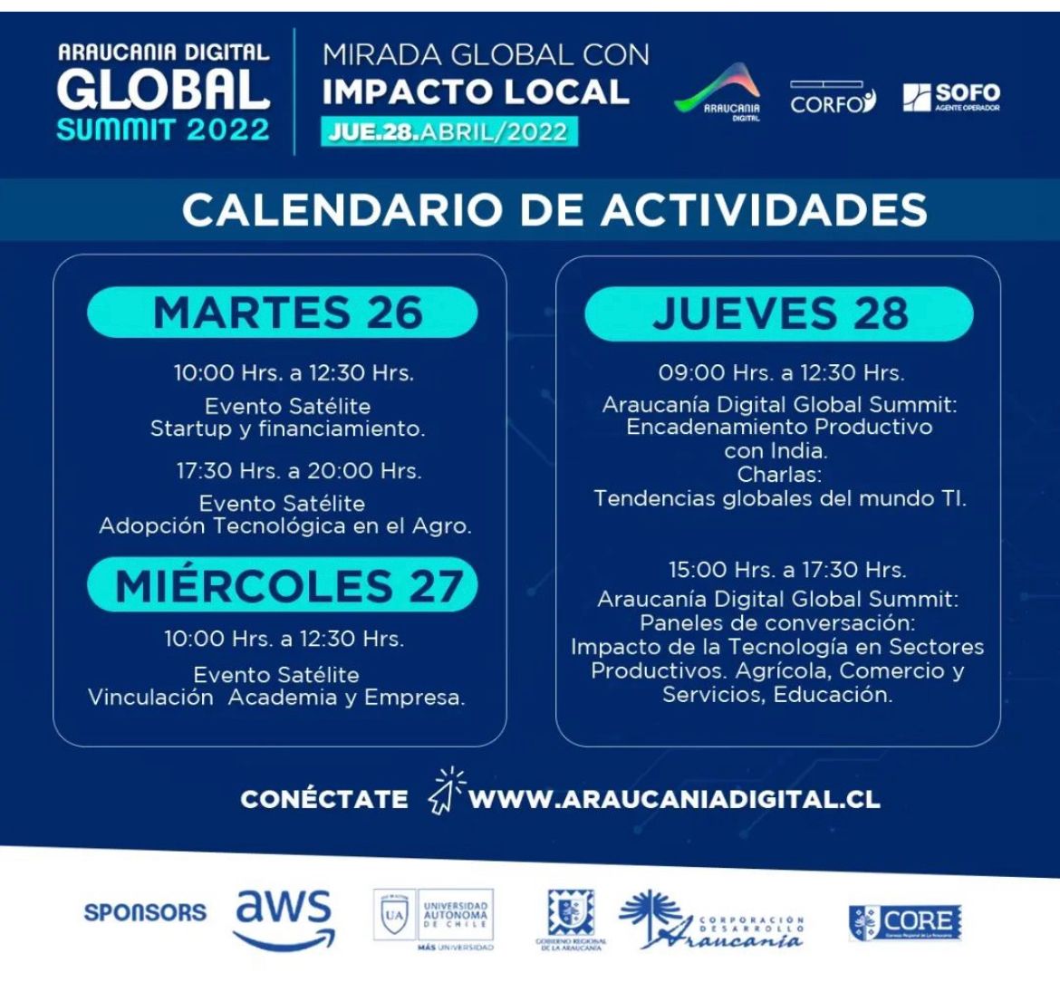 📌 No puedes quedar fuera!! CONÉCTATE 
Araucanía Digital Global Summit - Mirada Global con Impacto Local ya es una realidad. 
🌍 Este punto de encuentro de la Industria TI  será transmitido vía streaming a todo el mundo a través de  araucaniadigital.cl
#GlobalSummit2022