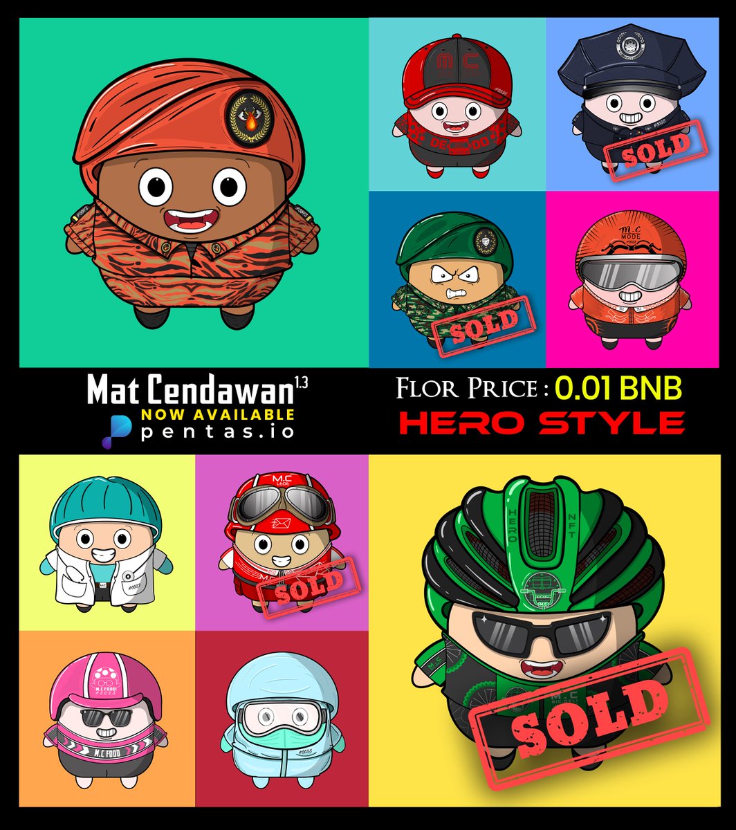 Hi let's see there are 6 more left for this collection (Hero Style).

Mat Cendawan #0035 - #0044 (Hero Style) 
Drop 1.3 Now available on pentas

Floor Price 0.01 BNB 

Checkidaut here guys &amp; galls: 
app.pentas.io/collection/Her…