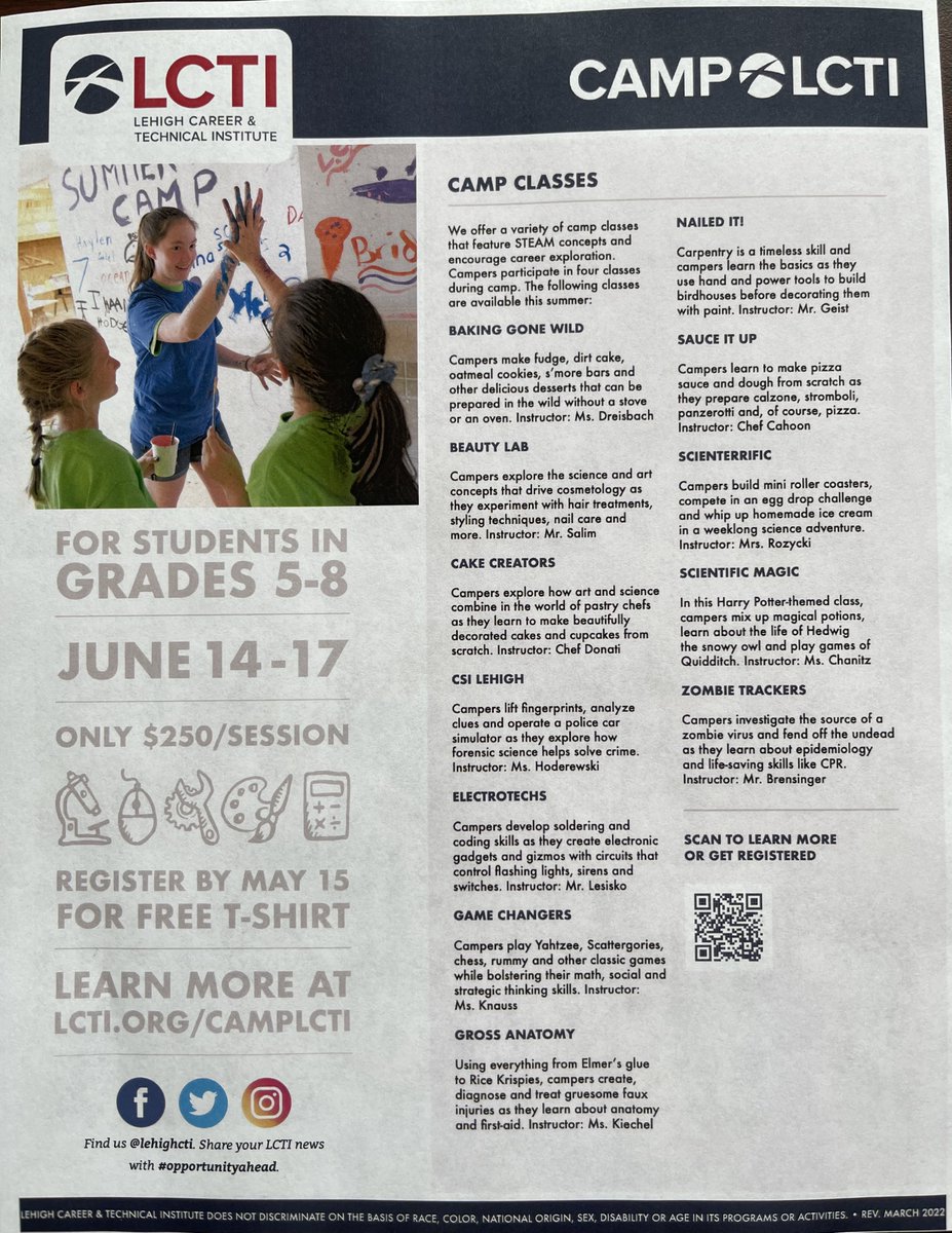 EPSDJefferson's tweet photo. CAMP LCTI Registration is now open for all students in Grades 5th through 8th!
Please see attached pictures for more details!
#OneJefferson
#EastPennProud https://t.co/AHB854cpVk