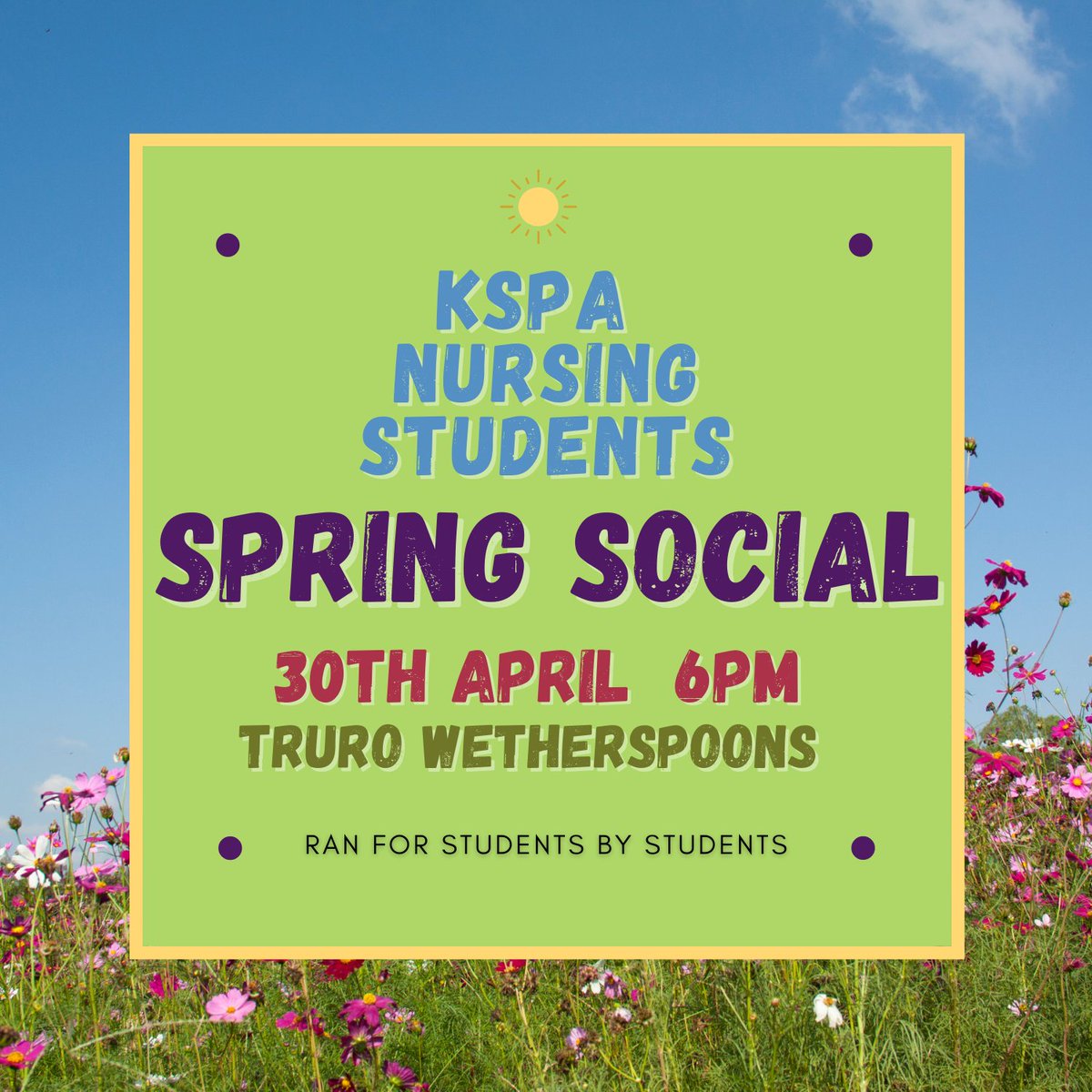 🌟This Saturday! 🥳
Attention Truro KSPA Campus students!!!
We've taken matters into our own hands and organised ourselves a social! 
Come say hi! 🤗 
6pm, Truro Wetherspoons 😘

#PUNC21 #PUNC20 #PUNC19 #PUNC18
@PlymNurSoc @PlymStudentHub @CHealthLib @upsu @PlymUni @PUNC18_Lee