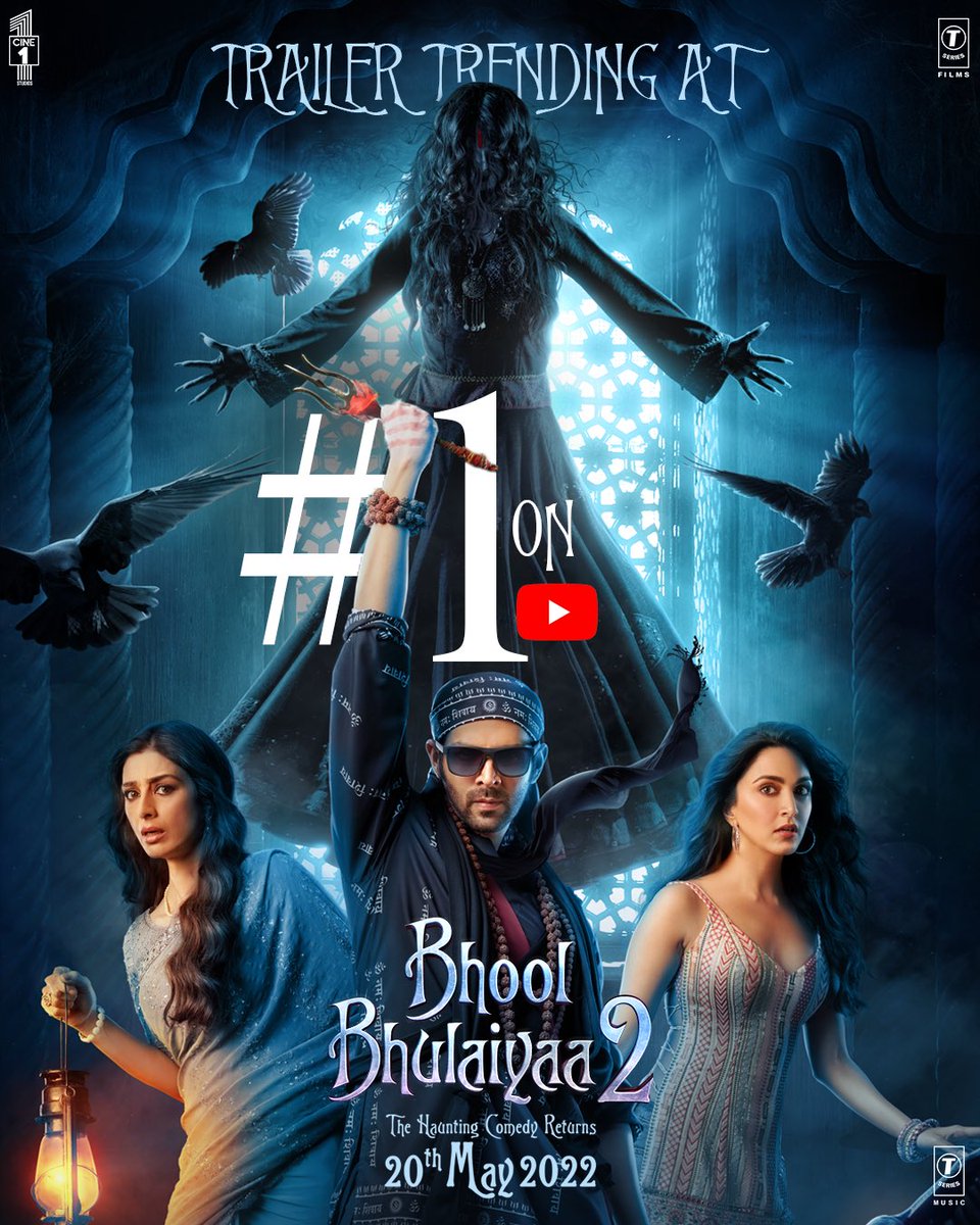 Cine1Studios's tweet photo. Ruling all hearts, ghouls, and even the trend charts 👻

Trailer out now: https://t.co/8gFsoLtnZT

Watch the family entertainer, #BhoolBhulaiyaa2 releasing in cinemas on 20th May, 2022!

Starring @TheAaryanKartik, @advani_kiara &amp; #Tabu; produced by #BhushanKumar, @MuradKhetani, https://t.co/9efixOC1qr