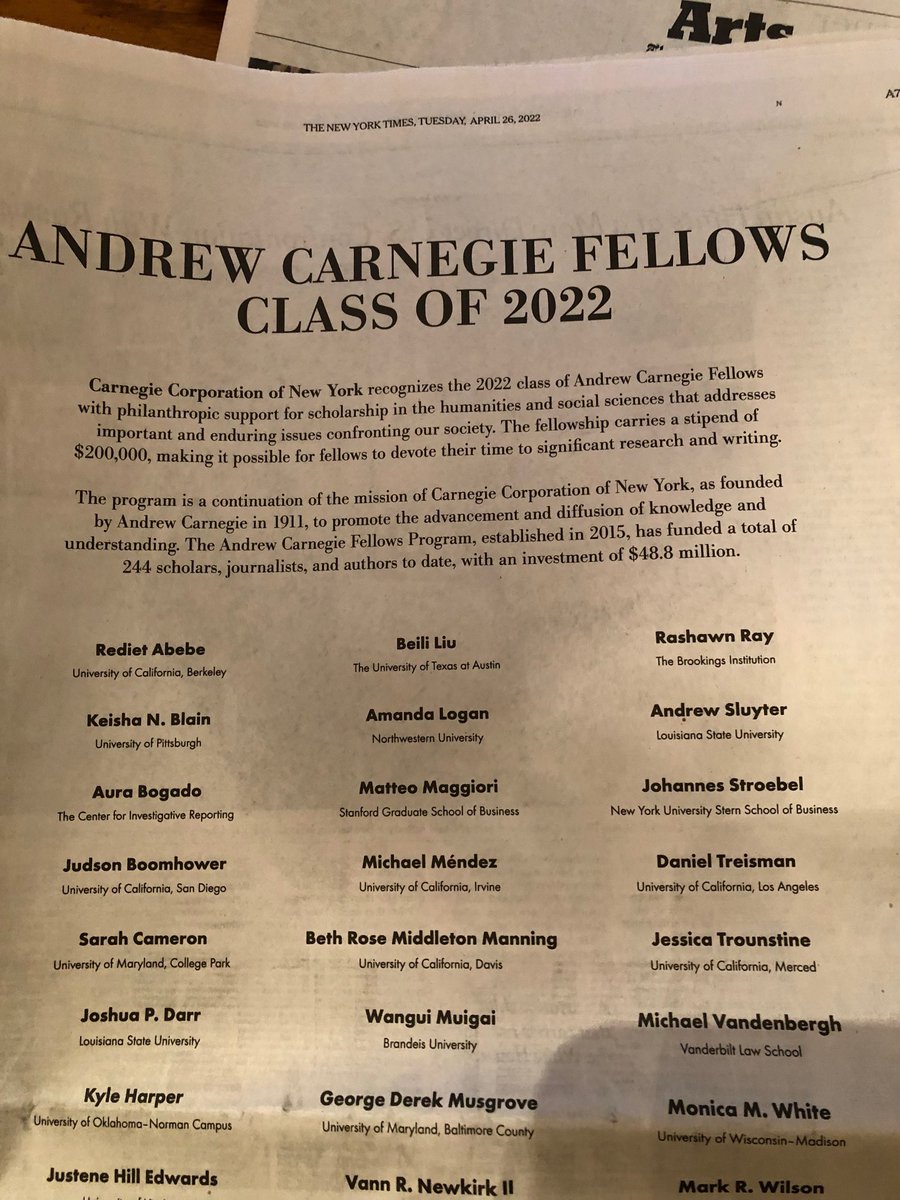 Honored to be named a Carnegie Fellow. The prestigious award provides generous support for my disaster & migrants research carnegie.org/awards/andrew-…. #CarnegieFellows