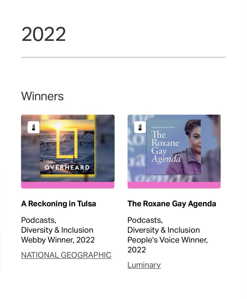#OverheardNatGeo's "Reckoning in Tulsa" won <a href="/TheWebbyAwards/">The Webby Awards</a>! 

Congrats <a href="/CarlaEWills/">Carla E Wills</a> @BriggsInSpace <a href="/GenghisHans/">Hansdale Hsu</a> &amp; much thanks to former Nat Geo history fellow <a href="/Tuchto/">Tuck C.</a>, descendant of a Greenwood entrepreneur. Credit for the music on this ep: <a href="/PUSHaudio/">PUSH.audio</a>