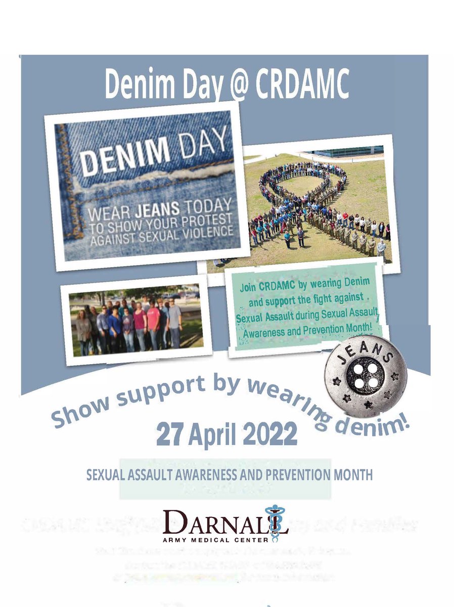 CRDAMC's tweet photo. Wear Denim tomorrow and help support the fight against Sexual Assault . #wearecrdamc #armymedicine https://t.co/8DOqkKVDSX