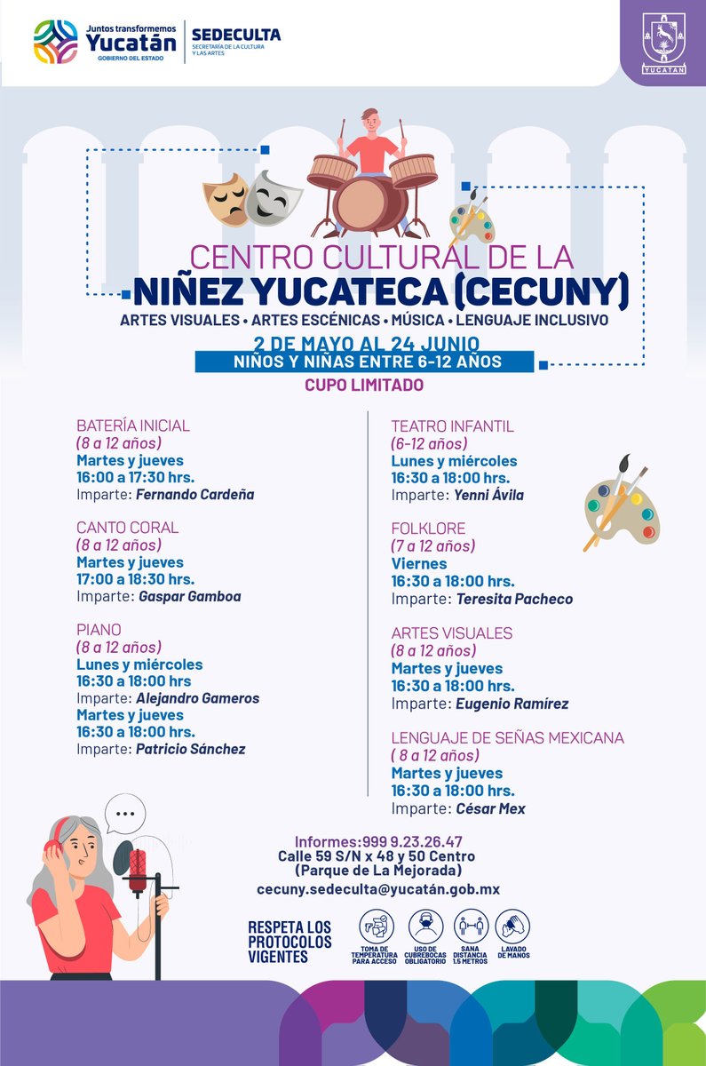 SedecultaYuc's tweet photo. El Centro Cultural de la Niñez Yucateca #Cecuny está listo para recibir a #niñas y #niños en los #talleres presenciales que iniciarán el próximo 2 de mayo.

¡Consulta las opciones de #música, #danza y #artes visuales!

Más información al 📞 9999232647 https://t.co/ZdU9qlphQE