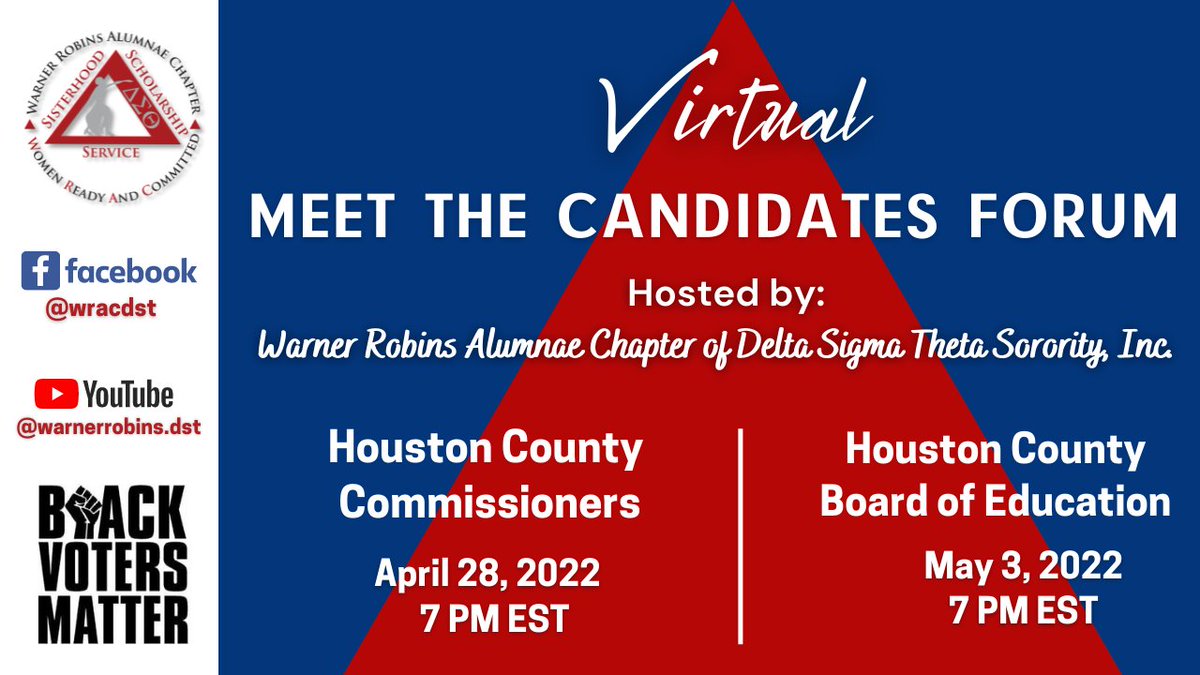 wracdst's tweet photo. The Warner Robins Alumnae Chapter of Delta Sigma Theta Sorority, Inc. will host Virtual Meet the Candidates Forums for the Houston County Commissioners and Houston County Board of Education election. Tune in LIVE as we hear directly from the candidates. #WRACDST #DST1913 https://t.co/4xvYyAg9F7