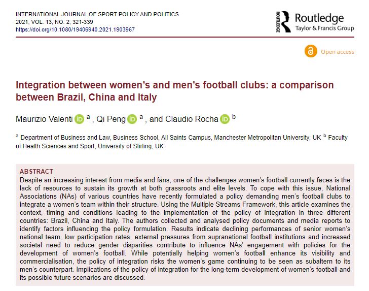 An important day for Italian women's sports as <a href="/FIGC/">FIGC</a> is the first national federation to recognise women as professional athletes in the country 

In an article published last year with <a href="/Qi_Peng2015/">Dr Qi Peng</a> and Claudio Rocha we compared the models of China, Brazil and Italy