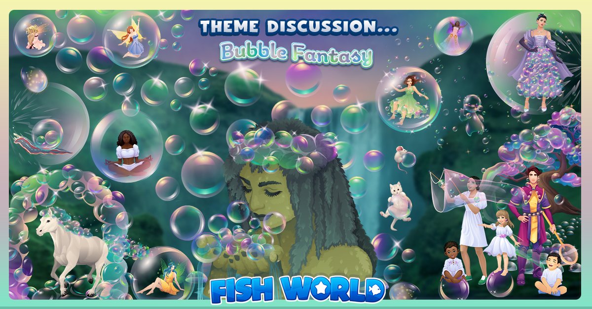 FishWorldGame's tweet image. We are so excited to float away with you this week with our imaginative new theme, "Bubble Fantasy" 🤗

Set amongst a magnificent waterfall in a jewel-toned evening sky, where the new bubble designs almost "pop" off the page!🌟
#Art #Game #Magic #FantasyArt #Enchanting #artist