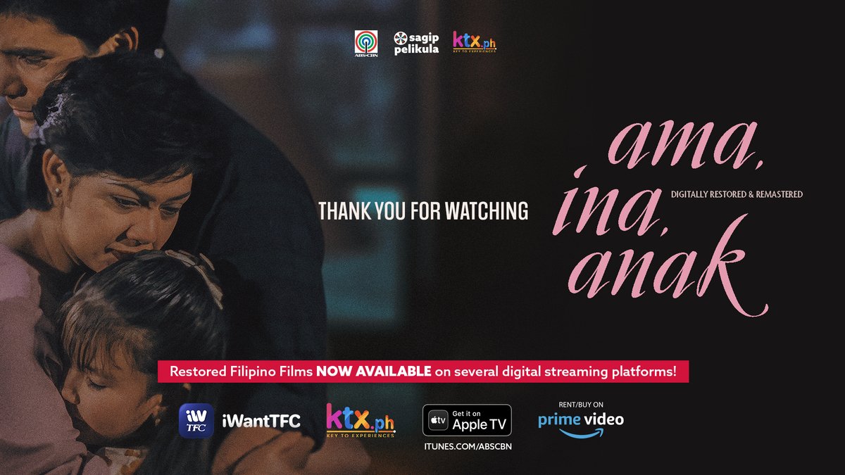 SagipPelikula's tweet photo. Thank you to everyone who watched the live stream of the restored #AmaInaAnak!

Watch more restored films of the Diamond Star in the #SagipPelikulaSpotlight #MaricelSoriano on #KTX beginning tomorrow! 

Book your tickets now via https://t.co/K6uBISNXzd!

#SagipPelikula https://t.co/r42rrdMbtR