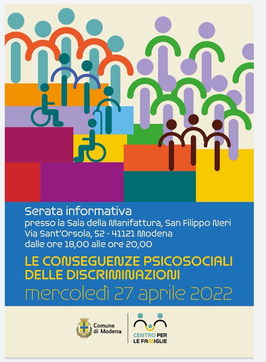 con piacere ho colto l'invito del Centro per le famiglie del Comune di Modena a partecipare all'iniziativa "Le conseguenze psicosociali delle discriminazioni" - mercoledì 27 aprile ore 18 #omofobia
