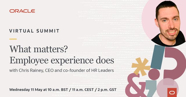 KochCaro's tweet photo. What matters the most in the #HR world? Join @ChrisRaineyHR, CEO and Co-founder of #HRLeaders, for an insightful conversation on today’s buzzwords: #EmployeeExperience. More on 11 May at Oracle HCM Virtual Summit. https://t.co/UqwGtjOsJe https://t.co/cySwSQZshJ