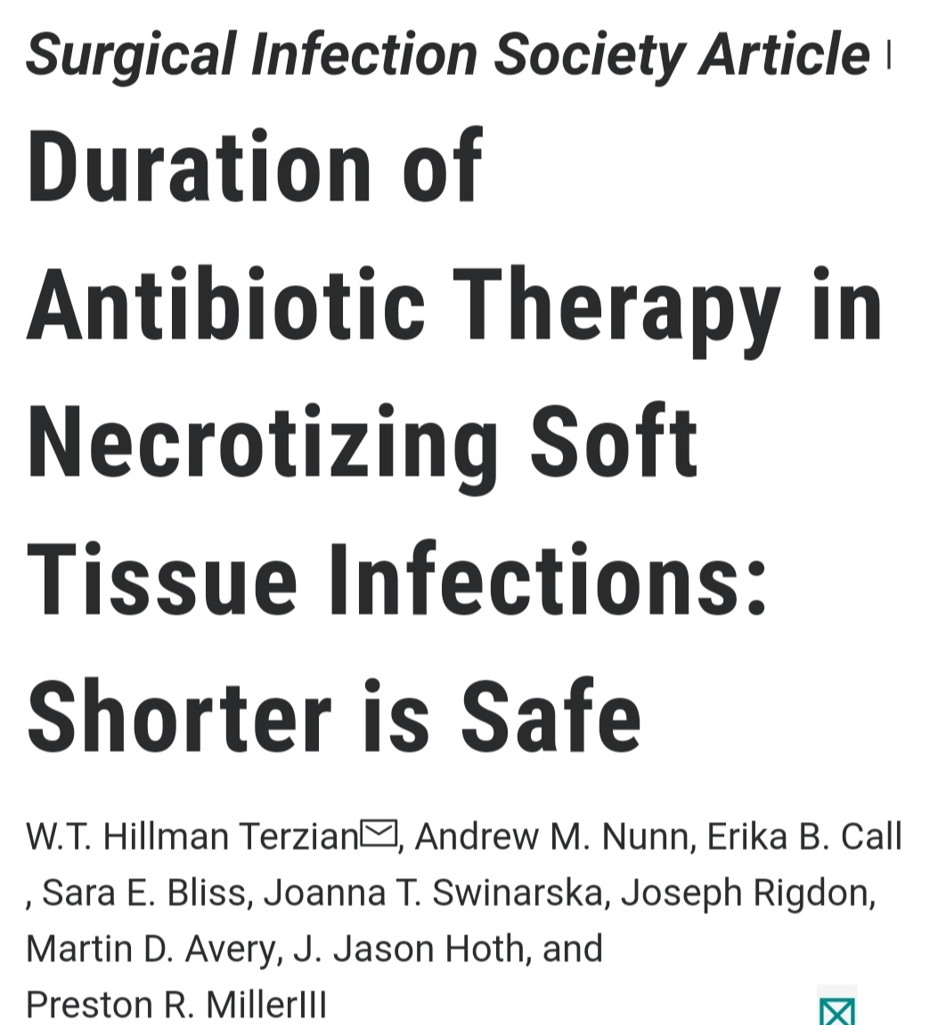 ABsteward's tweet photo. Early debridement improves outcome in necrotizing soft tissue infection,no consensus on duration of antimicrobial therapy
🆕💥💥Prospective study Short-duration(48h) antibiotic agents after NSTI source control is as safe &amp; effective as a longer course(~7d)
https://t.co/WnhsbUypML https://t.co/SKtH979JRB